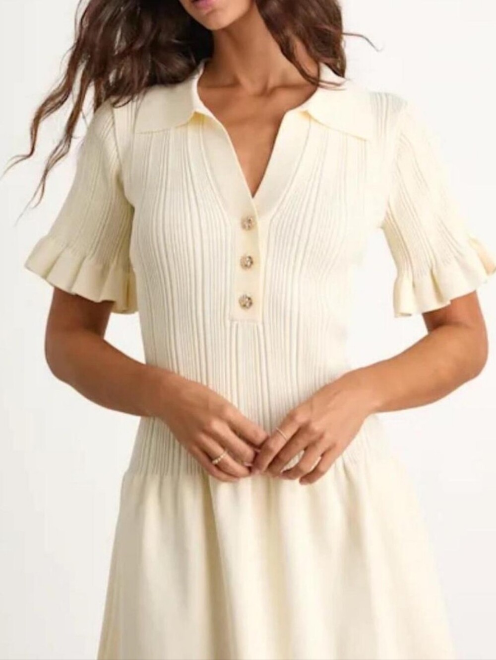Lulu's Cream Ribbed Knit Mini Dress with Ruffle Sleeves